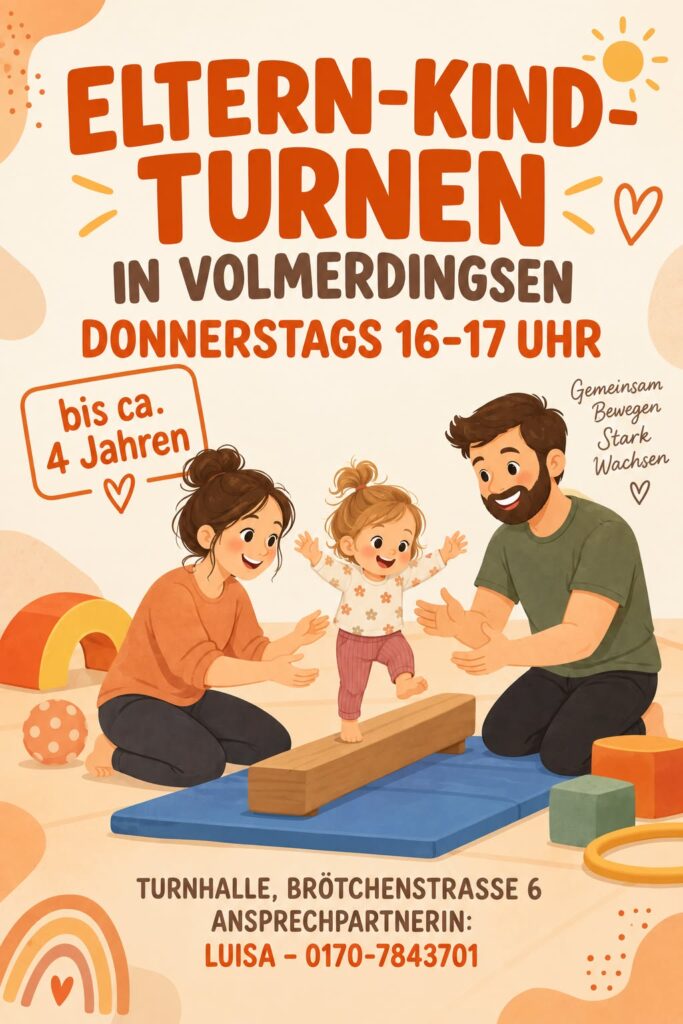 KI-Grafik, die Eltern mit einem Kind beim Turnen zeigt. Dazu der folgende Text: Eltern-Kind-Turnen in Volmerdingsen donnerstags 16-17 Uhr bis ca. 4 Jahren Turnhalle, Brötchenstraße 6 Ansprechpartnerin: Luisa - 0170-7843701